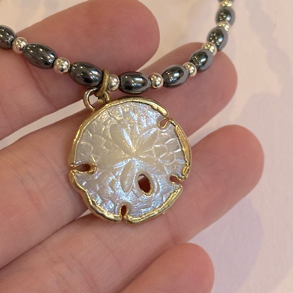Vintage Gold plated Sand Dollar Pendant Hematite & Silver Ankle Bracelet Anklet